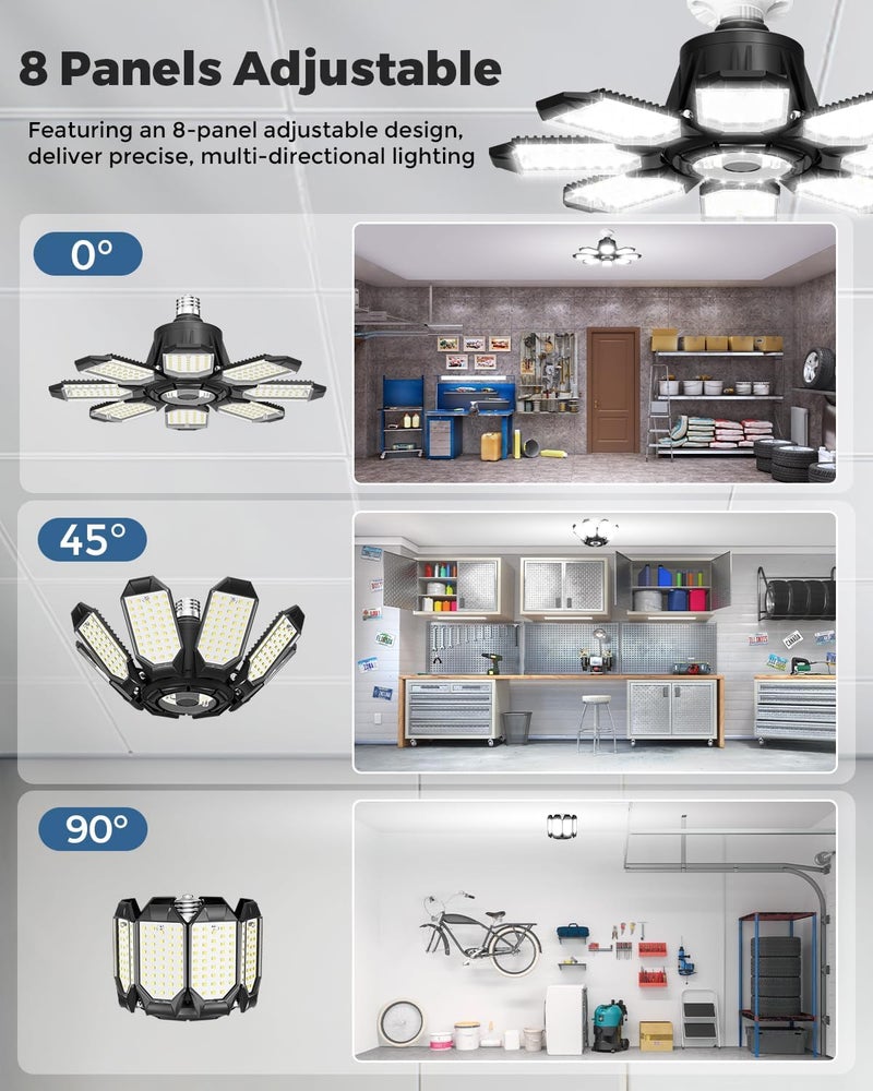 Adiding LED Garage Ceiling Lights 14000Lm w/ 8 Adjustable Panels, Super Bright Deformable Basement Light Bulb Fixture Screw in E26 Bulbs Socket for Indoor Shop, Workshop, Attic, Barn, Bay, Home Gym - Image 5